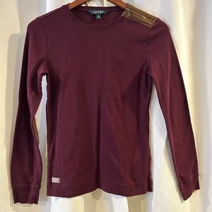 Lauren Ralph Lauren T-Shirt Womens M Medium Burgundy Red Elbow Patches Logo‎
